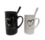 Heart Design Black & White Couple Mug With Stainless Steel Spoon