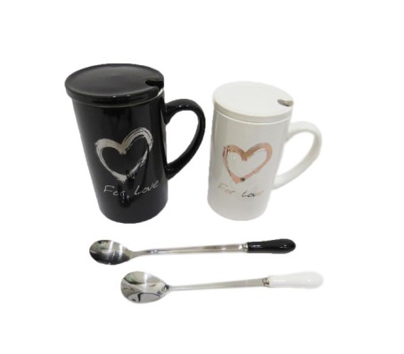 Heart Design Black & White Couple Mug With Stainless Steel Spoon