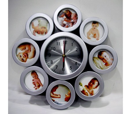 Silver Wall Clock With 8 Photo Option