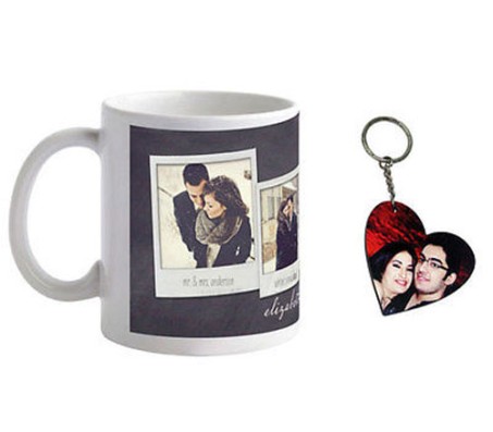 Personalized White Coffee Mug With Heart Shape Wooden Keychain