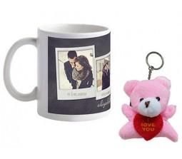 Personalized White Coffee Mug With Teddy Keychain