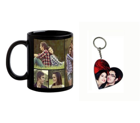 Customized Black Coffee Mug With Heart Shape Wooden Keychain