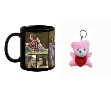 Customized Black Coffee Mug With Teddy Keychain