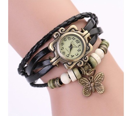 Vintage Retro Beaded Bracelet Leather Women Wrist Watch With Butterfly Black