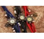 Vintage Retro Beaded Bracelet Leather Women Wrist Watch With Butterfly Black