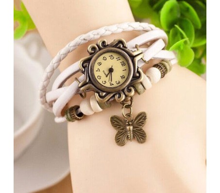 Vintage Retro Beaded Bracelet Leather Women Wrist Watch With Butterfly White