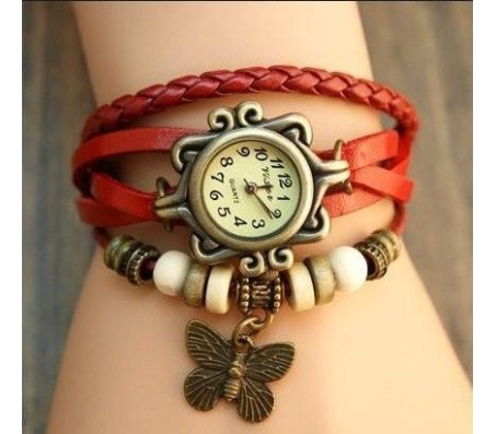 Vintage Retro Beaded Bracelet Leather Women Wrist Watch With Butterfly Red