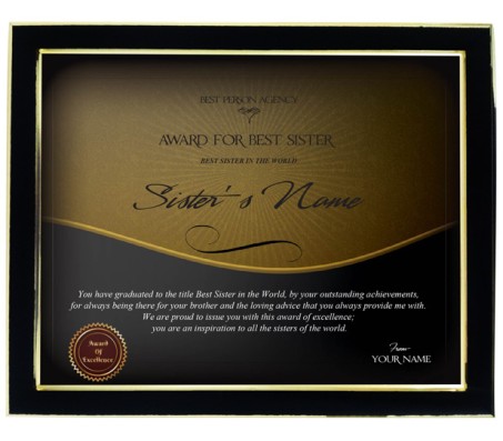 Personalized Certificate for Worlds Best Sister with Frame