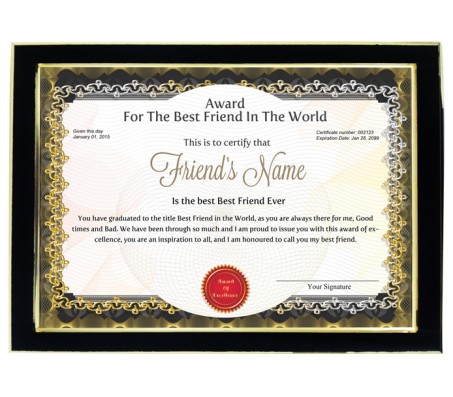 Personalized Award Certificate For Worlds Best Friend With Frame
