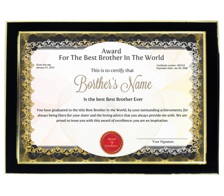 Personalized Award Certificate For Worlds Best Brother With Frame