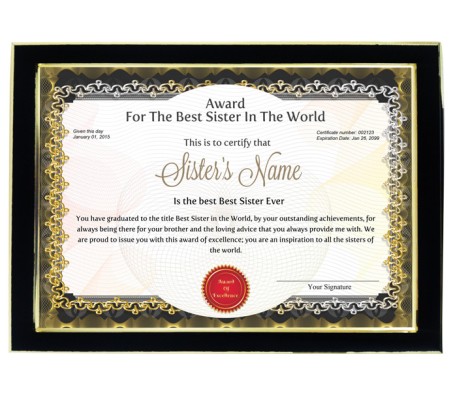 Personalized Award Certificate For Worlds Best Sister With Frame