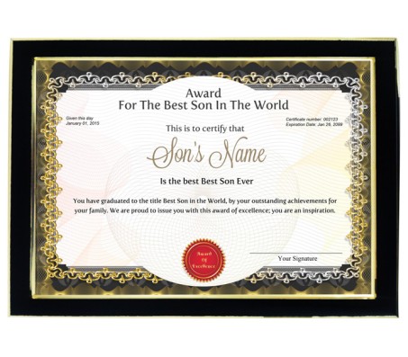 Personalized Award Certificate For Worlds Best Son With Frame