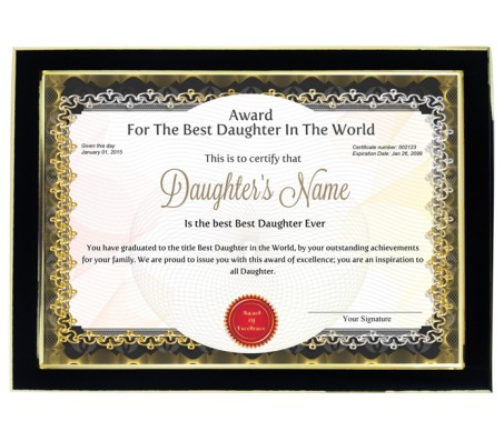 Personalized Award Certificate For Worlds Best Daughter With Frame