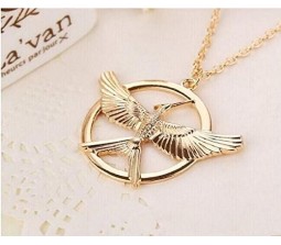 Hunger Games Big Retro Punk Style MockingJay Pendant Long Necklace - Gold