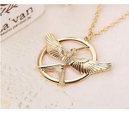 Hunger Games Big Retro Punk Style MockingJay Pendant Long Necklace - Gold