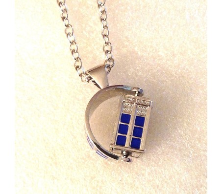 Doctor Who Spinning 3D TARDIS Police Box Blue Color Necklace