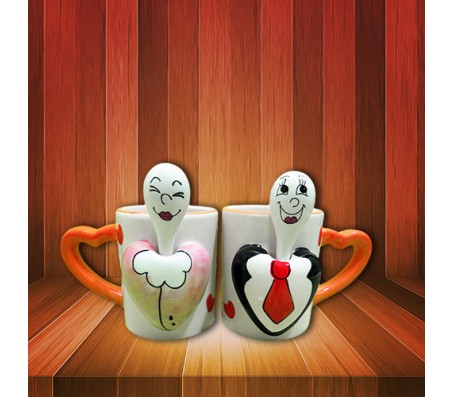 Couples Mug with Spoon & Heart Handle Romantic Gift