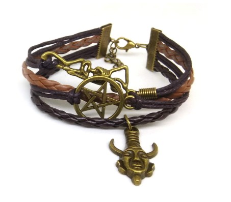 Supernatural Bracelet with Pentagram Metal and Dean Winchester Mask Vintage Amulet Leather Bracelet for Woman and Girls