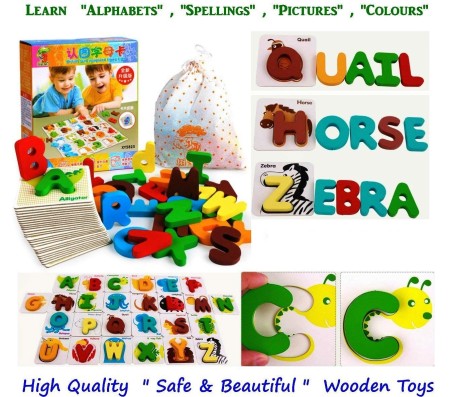 Kids and Infants Wooden 4 in 1 Toy Learn ABC Alphabet Animals Colours, Spelling Toddlers, 22x18x4cm (Multicolour) - Pack of 26