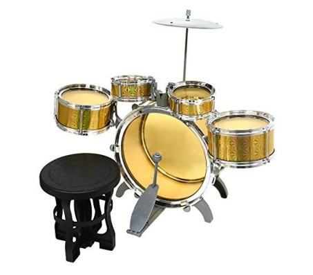 Jazz Drum Set with Chair, Music Toy Instrument for Kids (Gold) - 10 Pieces