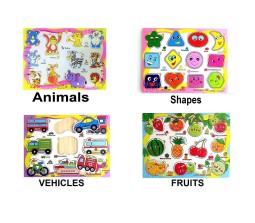 Set of 4 Animals Shape Vehicles and Fruit Wooden Learning Puzzle Educational Toy for Toddlers and Infant