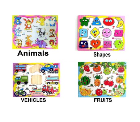 Set of 4 Animals Shape Vehicles and Fruit Wooden Learning Puzzle Educational Toy for Toddlers and Infant