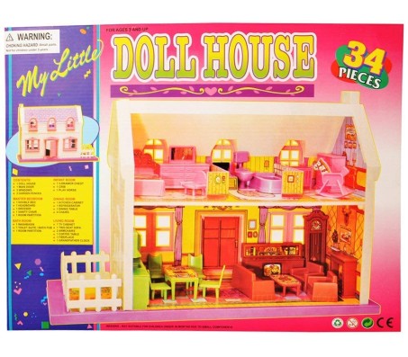 34 pc Doll House Equipped with Furniture and Accessories.