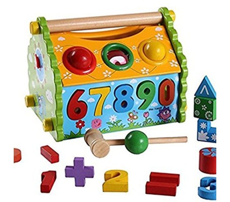 6 in 1 Infant Baby Progress Toys for Colors, Number Blocks, Shape Blocks, Fun Math + Clock + Buiding House Toy for Kids Wooden