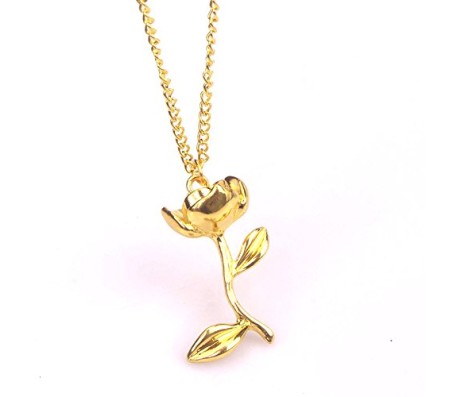 Rose Flower Plant Shape Gold Plated Beauty and Beast Pendant Necklace Valentine Gift for Woman and Girls