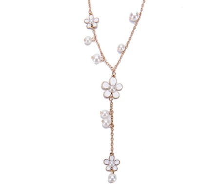 Fashion Jewellery Floral and Pearl Pendent Long Chain Necklace Pendant Stylish Opal Design for Women and Girls White