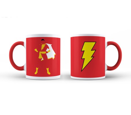 Shazam Dc Comic Superhero Minimal Logo in Red and Yellow, White Ceramic Coffee/Tea Mug with Red Handle