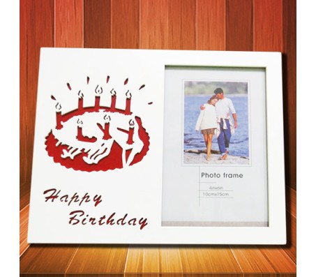 White Photo Frame With Engraved Cake & Happy Birthday