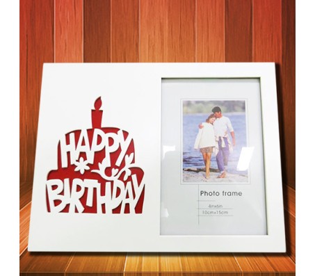 White Photo Frame With Engraved Cake & Happy Birthday