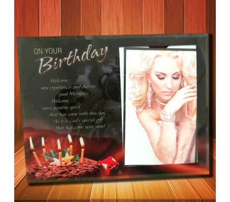 Happy Birthday Glass Photo Frame With Black Background & Cake