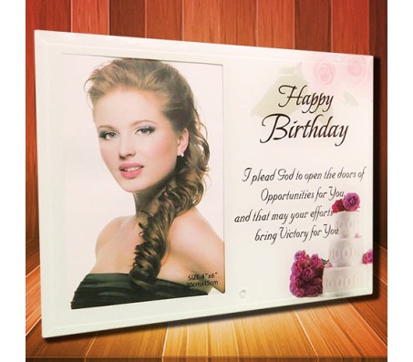 Happy Birthday Glass Photo Frame With Cake & Flowers