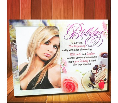 Happy Birthday Glass Photo Frame With Flower Background & Cake