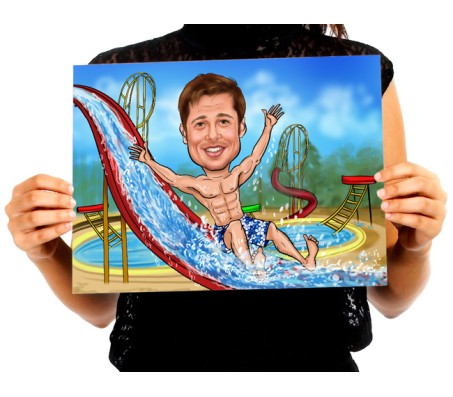 Customized Caricature in Water Park with Six Pack Abs on A4 Poster