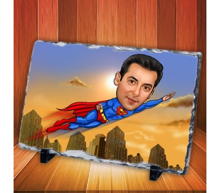 Personalized Superhero Flying Caricature on Rectangle Shape Rocks