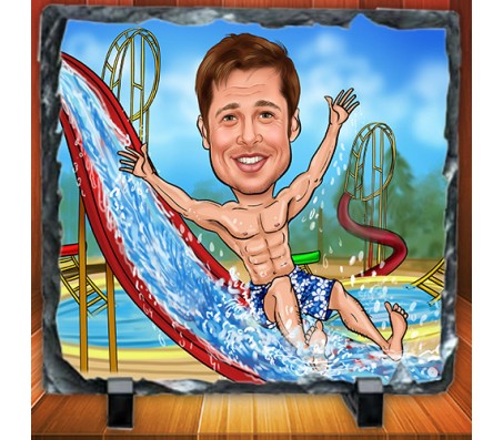 Customized Caricature in Water Park with Six Pack Abs on Square Shape Rocks