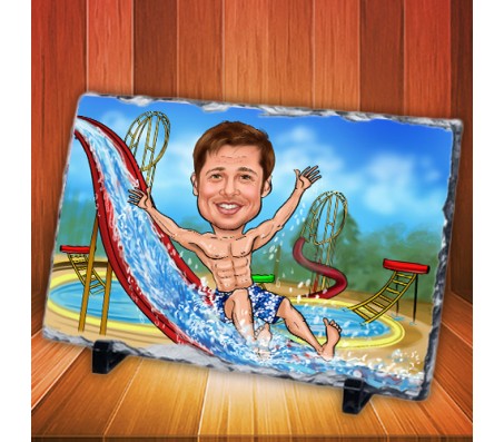Customized Caricature in Water Park with Six Pack Abs on Rectangle Shape Rocks