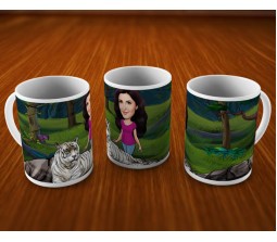 Personalized Caricature in Forest with White Tiger on Mugs