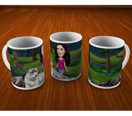 Personalized Caricature in Forest with White Tiger on Mugs