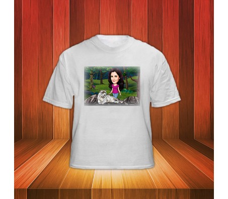 Personalized Caricature in Forest with White Tiger on T Shirts