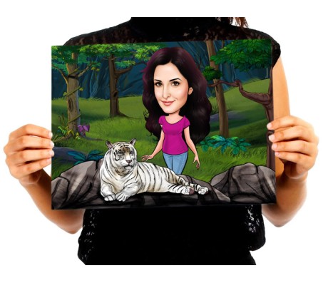 Personalized Caricature in Forest with White Tiger on A4 Poster