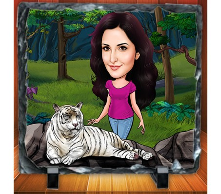 Personalized Caricature in Forest with White Tiger on Square Shape Rocks