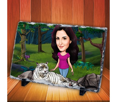 Personalized Caricature in Forest with White Tiger on Rectangle Shape Rocks