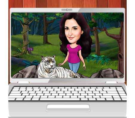 Personalized Caricature in Forest with White Tiger on Digital Copy