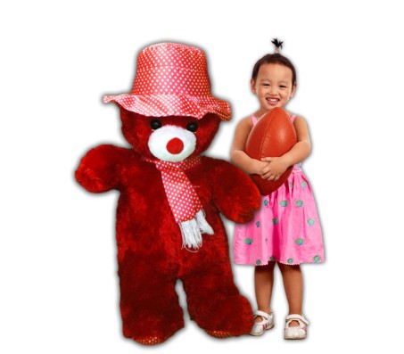 Cute Red Color Teddy Bear with Pink Hat (Size 5 Feet 6 Inches)