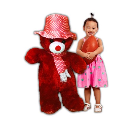 Cute Red Color Teddy Bear with Pink Hat (Size 4 Feet 5 Inches)