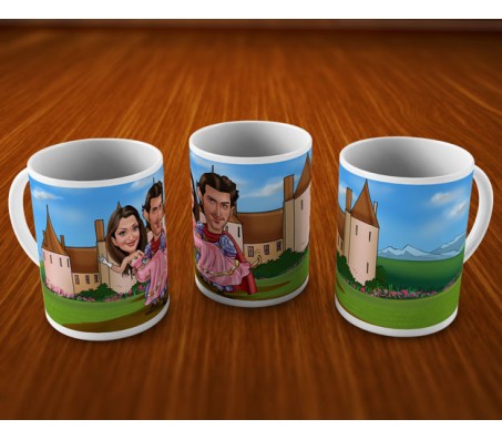 Personalized Couple Caricature at the Castle On Mugs